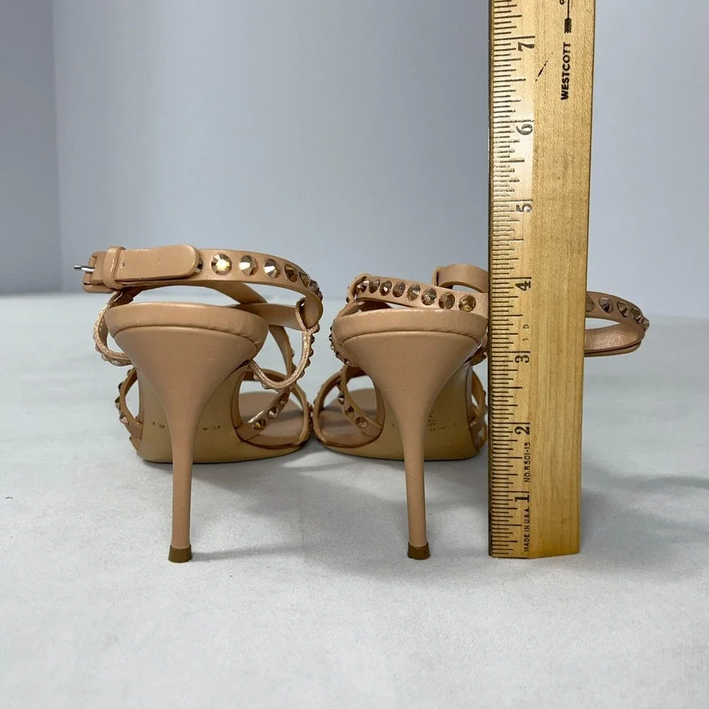 Casadei Heels 9 B Tan Strappy Sandals Stud Crystals Never Worn